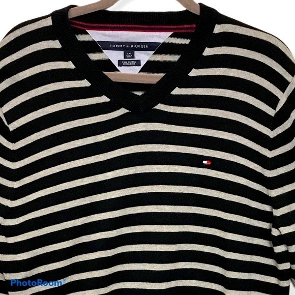90s Tommy Hilfiger Sweater Striped Preppy V Neck pullover Blue and white size L - Picture 8 of 8